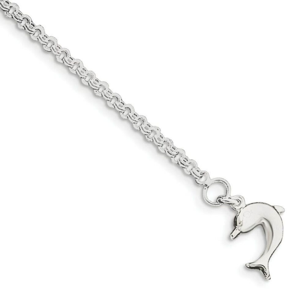 Sterling Silver Dolphin Double Link Cable Chain Anklet, 9 Inch